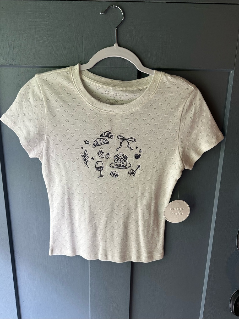 Cream pointelle Graphic Short-Sleeve Tee with embroidered items